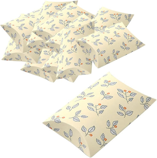 AKOAK 20 Pcs Wedding Creative Pillow Box, Candy Gift Box, Suitable for Wedding Birthday and Christmas (Light yellow+Leaves)