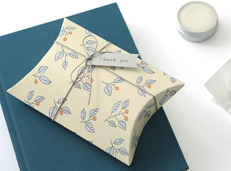 AKOAK 20 Pcs Wedding Creative Pillow Box, Candy Gift Box, Suitable for Wedding Birthday and Christmas (Light yellow+Leaves)