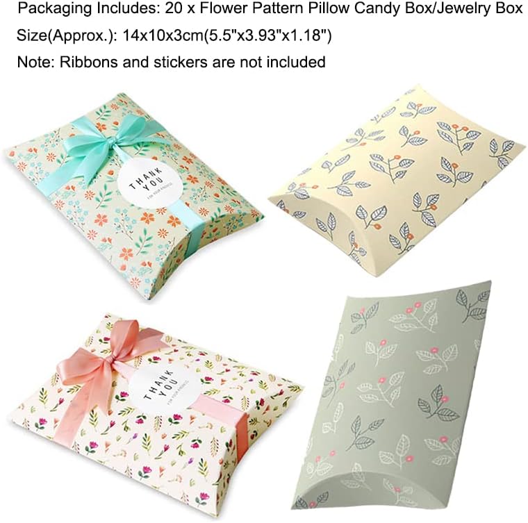 AKOAK 20 Pcs Wedding Creative Pillow Box, Candy Gift Box, Suitable for Wedding Birthday and Christmas (Light yellow+Leaves)