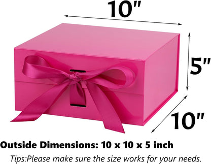 Bright Pink Gift Box,10x10x5 Inches Gift Boxes with Lids for Presents with Magnetic Closure and Ribbon for Wedding,Storage,Birthday