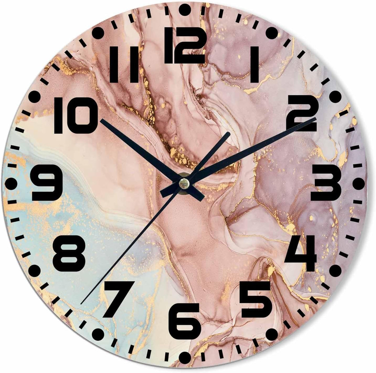 Marble Wall Clock Battery Operated Pink Gold Wave Marble Pattern Wall Clock Silent Non Ticking Quality Quartz 10 Inch Round Easy Clock to Read for Home Office