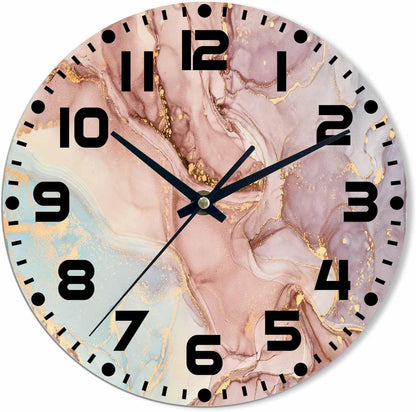 Marble Wall Clock Battery Operated Pink Gold Wave Marble Pattern Wall Clock Silent Non Ticking Quality Quartz 10 Inch Round Easy Clock to Read for Home Office