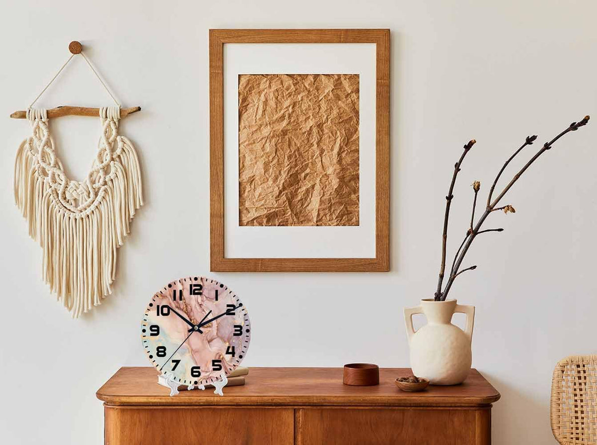 Marble Wall Clock Battery Operated Pink Gold Wave Marble Pattern Wall Clock Silent Non Ticking Quality Quartz 10 Inch Round Easy Clock to Read for Home Office