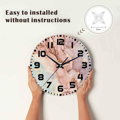 Marble Wall Clock Battery Operated Pink Gold Wave Marble Pattern Wall Clock Silent Non Ticking Quality Quartz 10 Inch Round Easy Clock to Read for Home Office