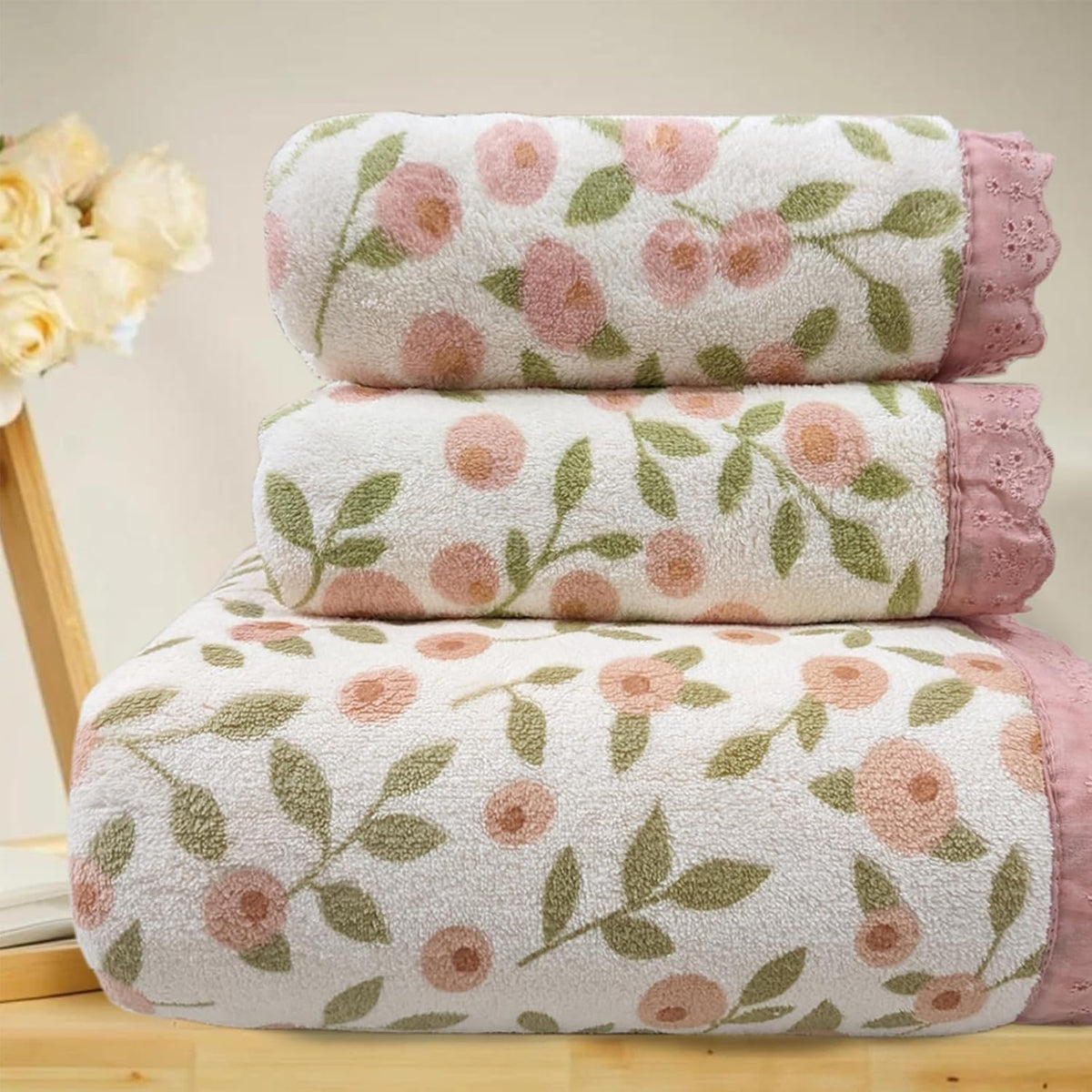 Floral Bath Towel Set,3 pcs,Coral Velvet Soft Absorbent Towels (1 Bath Towel,2 Hand Towels)