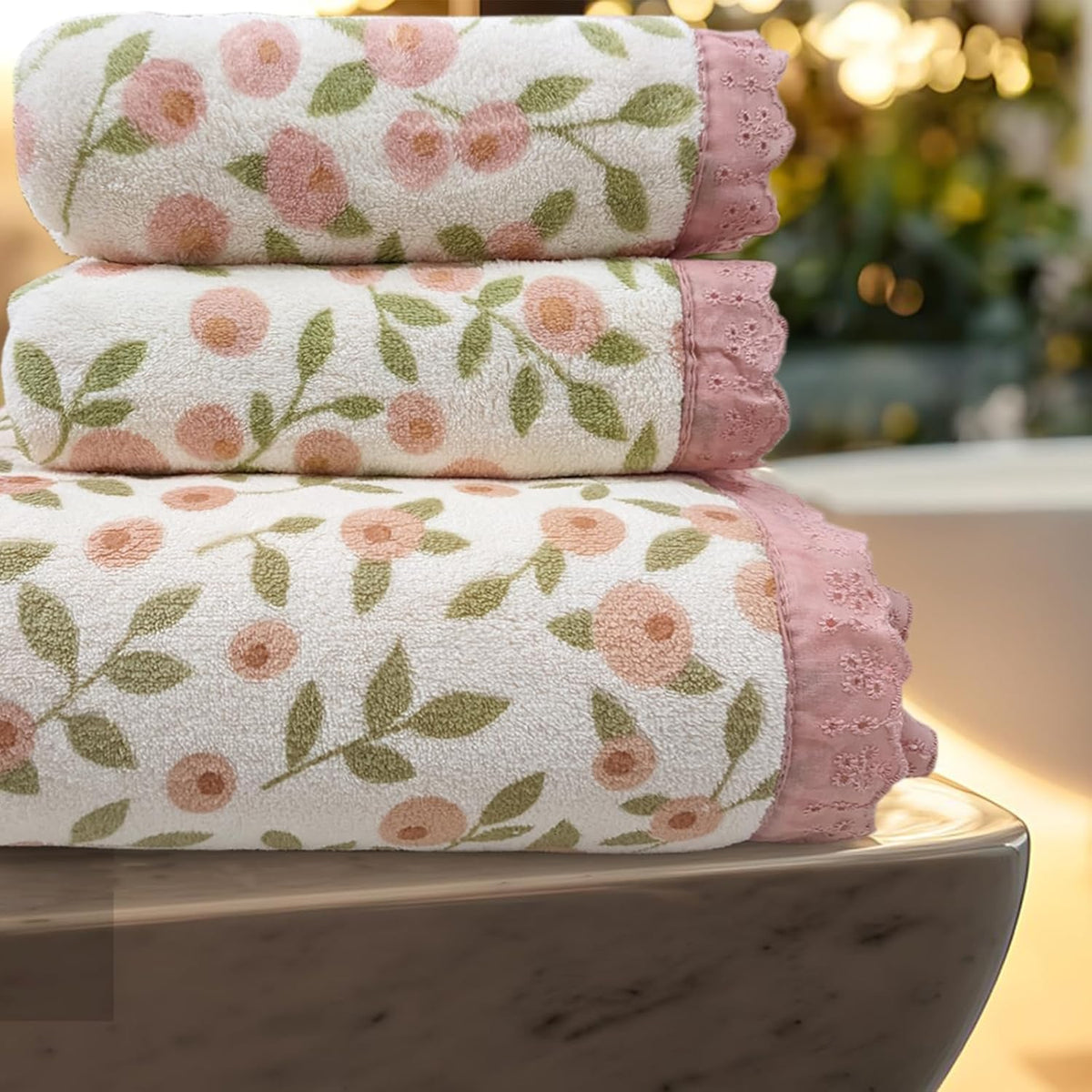 Floral Bath Towel Set,3 pcs,Coral Velvet Soft Absorbent Towels (1 Bath Towel,2 Hand Towels)