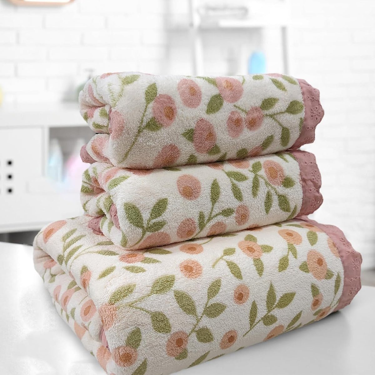 Floral Bath Towel Set,3 pcs,Coral Velvet Soft Absorbent Towels (1 Bath Towel,2 Hand Towels)