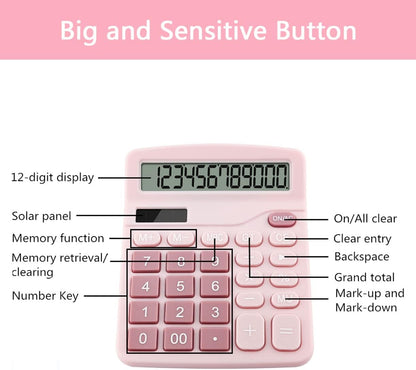 Office Calculators Desktop, 12-Digit Dual Power Cute Calculator with Large LCD Display Big Button for Office Home and School (Pink)