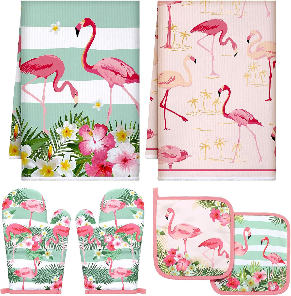 6 Pcs Flamingo Kitchen Towels Pot Holders and Oven Mitts Set Soft Cotton Linen Dish Towel Heat Resistant Oven Mitts for Summer Kitchen Decor Cooking Baking Grilling