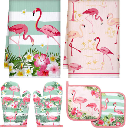 6 Pcs Flamingo Kitchen Towels Pot Holders and Oven Mitts Set Soft Cotton Linen Dish Towel Heat Resistant Oven Mitts for Summer Kitchen Decor Cooking Baking Grilling
