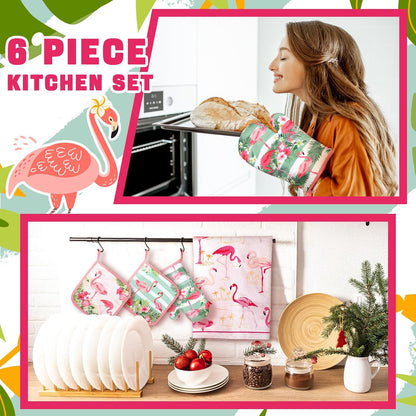 6 Pcs Flamingo Kitchen Towels Pot Holders and Oven Mitts Set Soft Cotton Linen Dish Towel Heat Resistant Oven Mitts for Summer Kitchen Decor Cooking Baking Grilling
