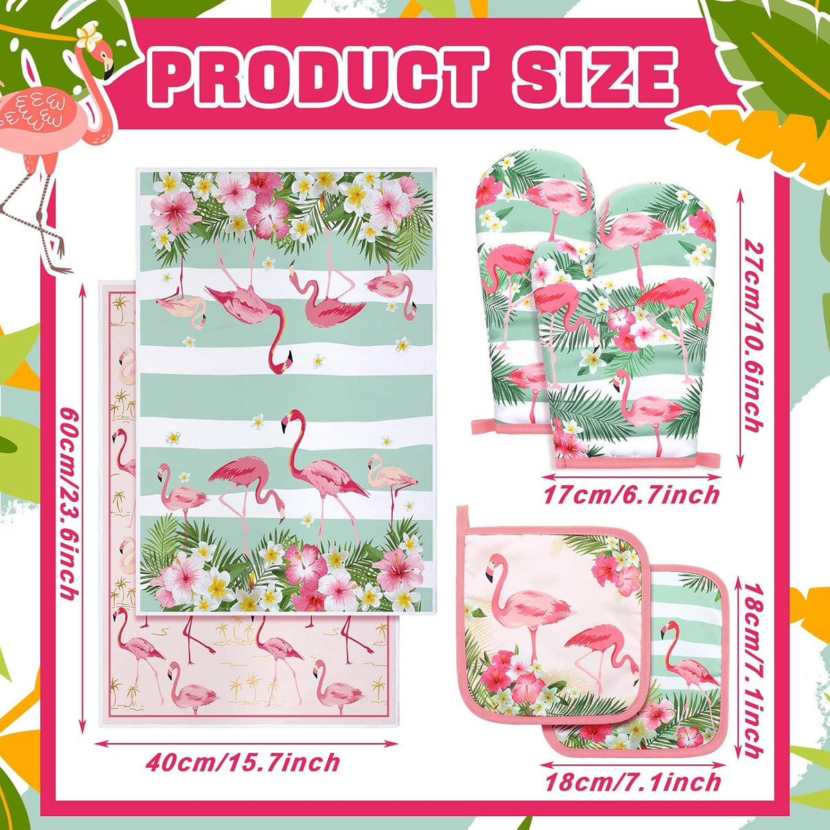 6 Pcs Flamingo Kitchen Towels Pot Holders and Oven Mitts Set Soft Cotton Linen Dish Towel Heat Resistant Oven Mitts for Summer Kitchen Decor Cooking Baking Grilling
