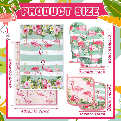 6 Pcs Flamingo Kitchen Towels Pot Holders and Oven Mitts Set Soft Cotton Linen Dish Towel Heat Resistant Oven Mitts for Summer Kitchen Decor Cooking Baking Grilling