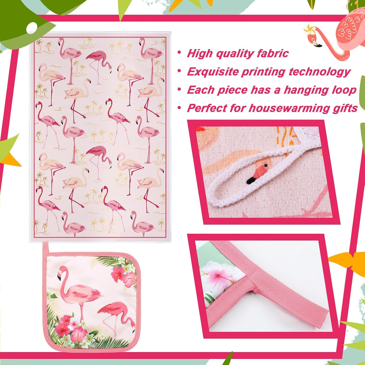 6 Pcs Flamingo Kitchen Towels Pot Holders and Oven Mitts Set Soft Cotton Linen Dish Towel Heat Resistant Oven Mitts for Summer Kitchen Decor Cooking Baking Grilling
