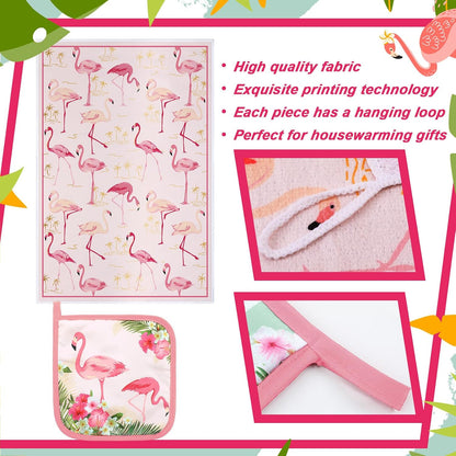 6 Pcs Flamingo Kitchen Towels Pot Holders and Oven Mitts Set Soft Cotton Linen Dish Towel Heat Resistant Oven Mitts for Summer Kitchen Decor Cooking Baking Grilling
