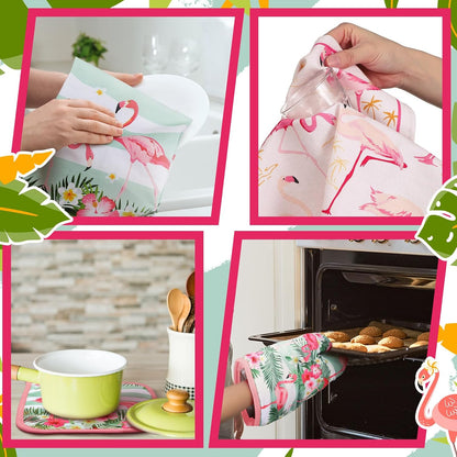 6 Pcs Flamingo Kitchen Towels Pot Holders and Oven Mitts Set Soft Cotton Linen Dish Towel Heat Resistant Oven Mitts for Summer Kitchen Decor Cooking Baking Grilling