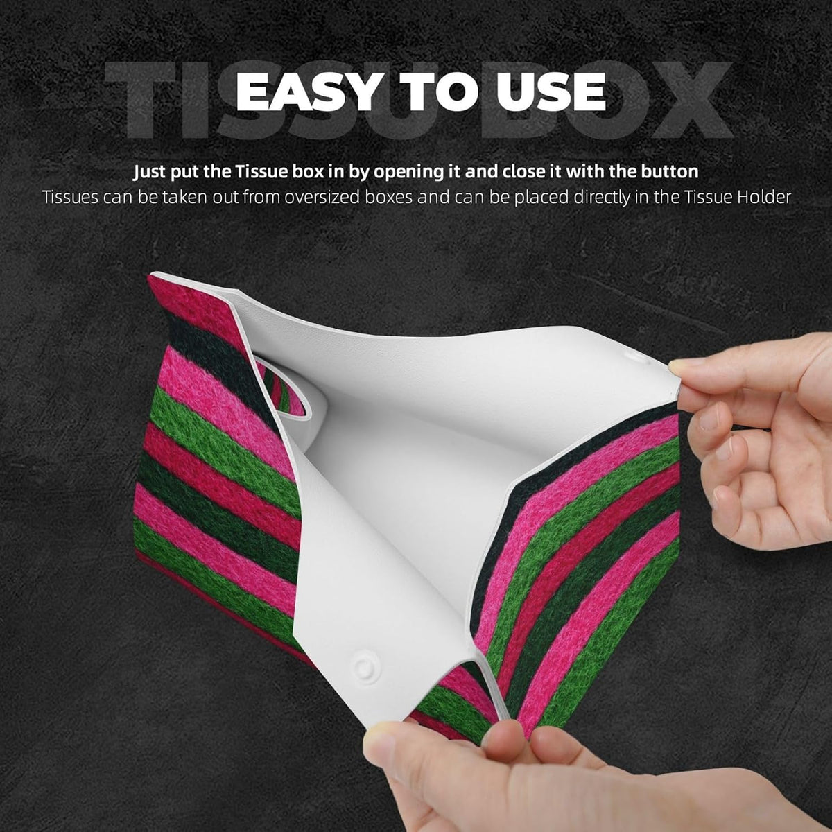 Pink Green Striped Pattern Textured Fabric Tissue Box Cover Rectangle Pu Leather Tissue Box Holder for Car Bathroom Bedroom Desk Tabletop Decor