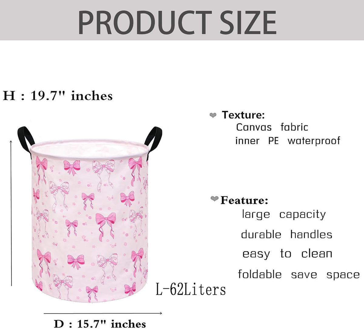 Pink Bowknot Kids Laundry Hamper Clothes Gift Basket Storage Laundry Baskets Organizer Bin with Handles for Nursery Room