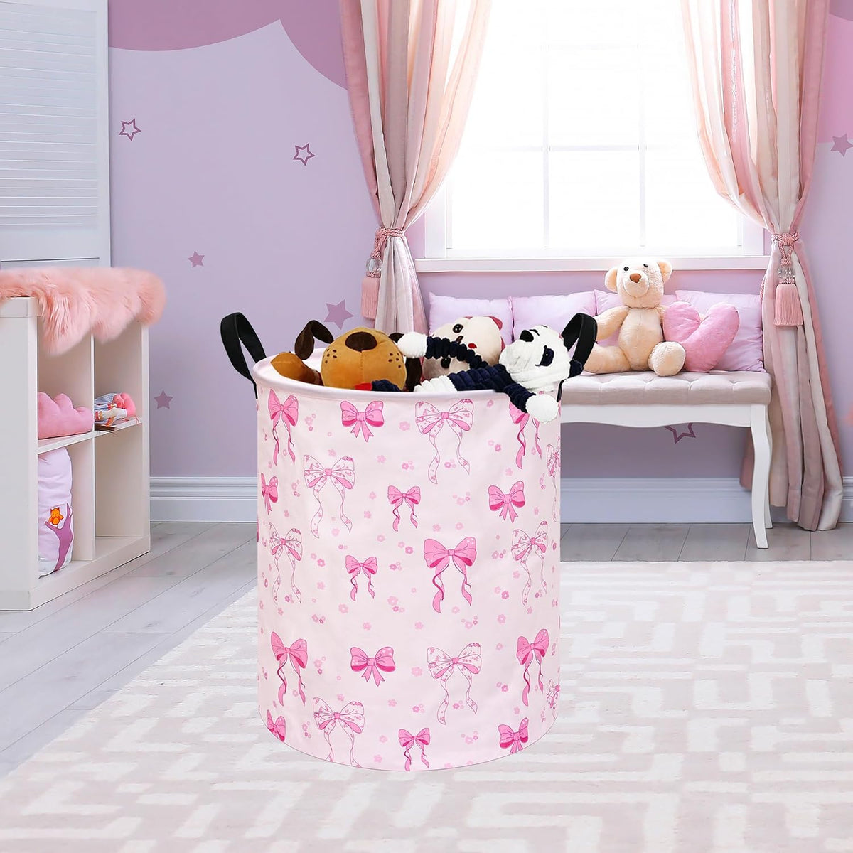 Pink Bowknot Kids Laundry Hamper Clothes Gift Basket Storage Laundry Baskets Organizer Bin with Handles for Nursery Room