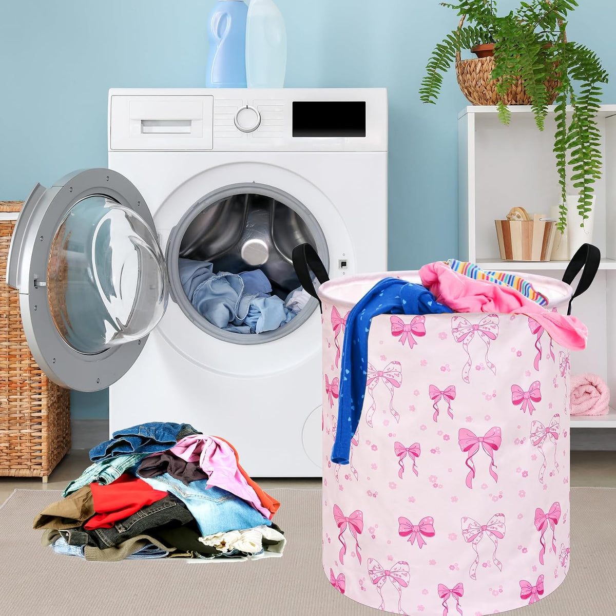 Pink Bowknot Kids Laundry Hamper Clothes Gift Basket Storage Laundry Baskets Organizer Bin with Handles for Nursery Room