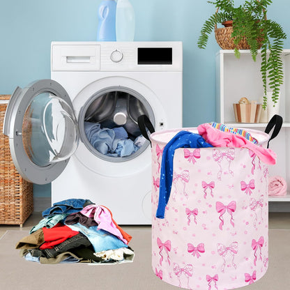 Pink Bowknot Kids Laundry Hamper Clothes Gift Basket Storage Laundry Baskets Organizer Bin with Handles for Nursery Room