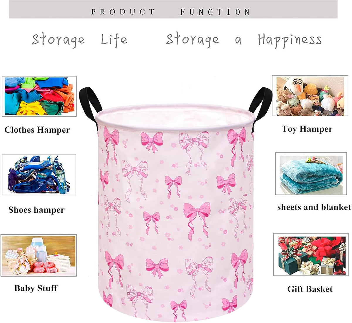 Pink Bowknot Kids Laundry Hamper Clothes Gift Basket Storage Laundry Baskets Organizer Bin with Handles for Nursery Room
