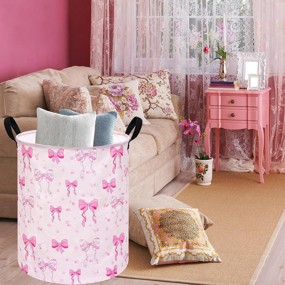 Pink Bowknot Kids Laundry Hamper Clothes Gift Basket Storage Laundry Baskets Organizer Bin with Handles for Nursery Room