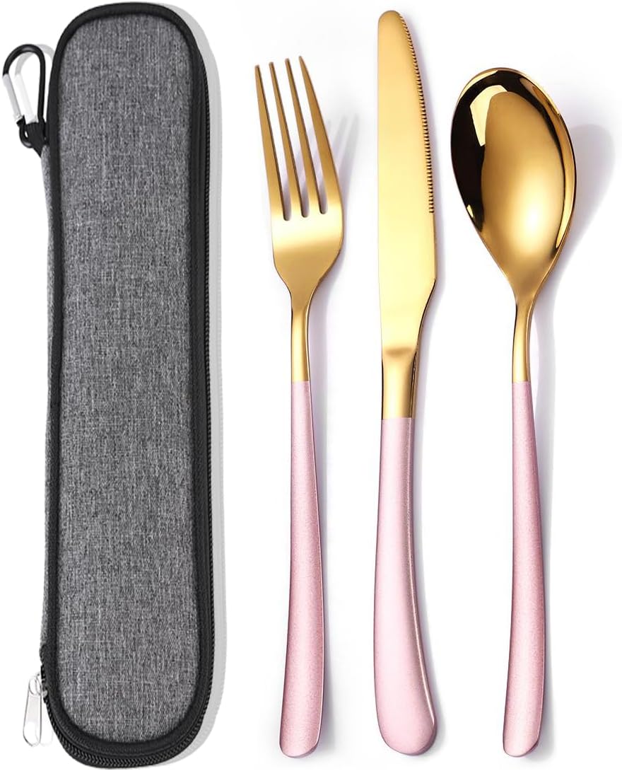 Travel Stainless Steel Cutlery Set for 1, Reusable Flatware Set with Case, Camping Silverware Set for Work, Knife Fork Spoon Utensil Set 3 Piece (Pink Gold)