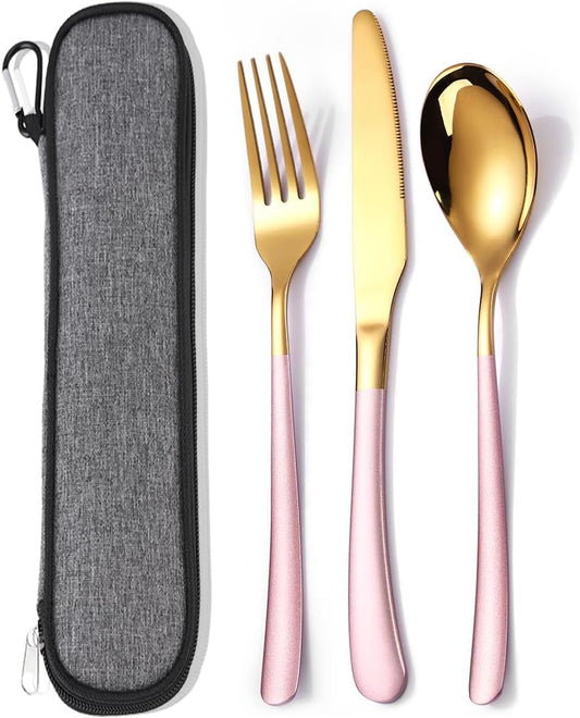 Travel Stainless Steel Cutlery Set for 1, Reusable Flatware Set with Case, Camping Silverware Set for Work, Knife Fork Spoon Utensil Set 3 Piece (Pink Gold)