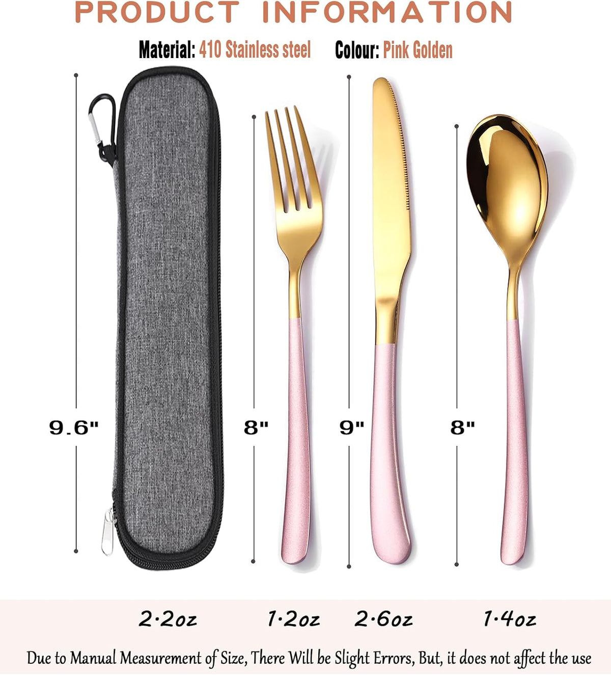 Travel Stainless Steel Cutlery Set for 1, Reusable Flatware Set with Case, Camping Silverware Set for Work, Knife Fork Spoon Utensil Set 3 Piece (Pink Gold)