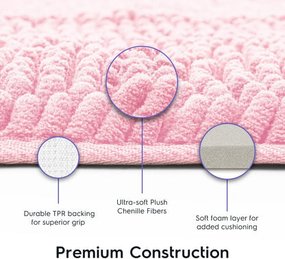 Bathroom Rugs, Extra-Thick Memory Foam Bath Mat, Ultra-Soft Chenille Microfiber, Highly Absorbent, Machine Washable, Shaggy Bath Mats for Bathroom, Non-Slip (27"x47") Light Pink