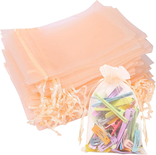 100Pcs Peach Organza Bags,4x6 Inch Small Mesh Drawstring Bags