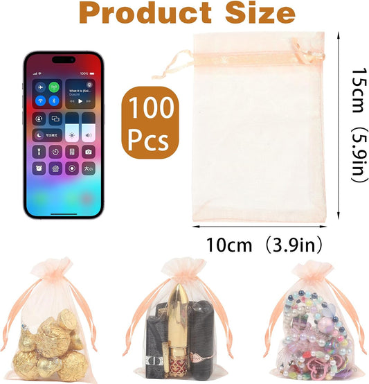 100Pcs Peach Organza Bags,4x6 Inch Small Mesh Drawstring Bags