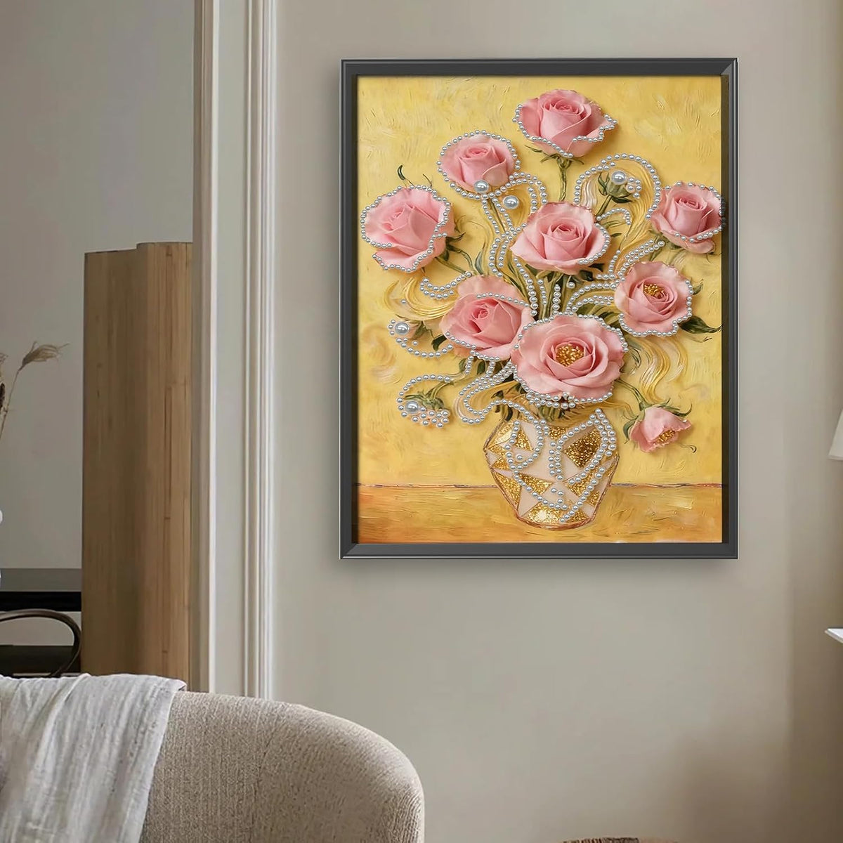 Jinglinhh DIY Pink Rose Flower Diamond Art Pearl Painting Kit for Adults, Unframed 35x45CM Special Shaped Pearl Art Painting, Wall Art for Home Office Decor Housewarming Gift