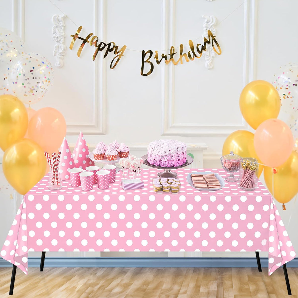 2 Pack Light Pink and White Polka Dot Tablecloths, Pink Disposable Plastic Table Cover for Birthday, Wedding, Bachelor, Pink Girl Party, and Picnic Camping Parties 54" x 108"