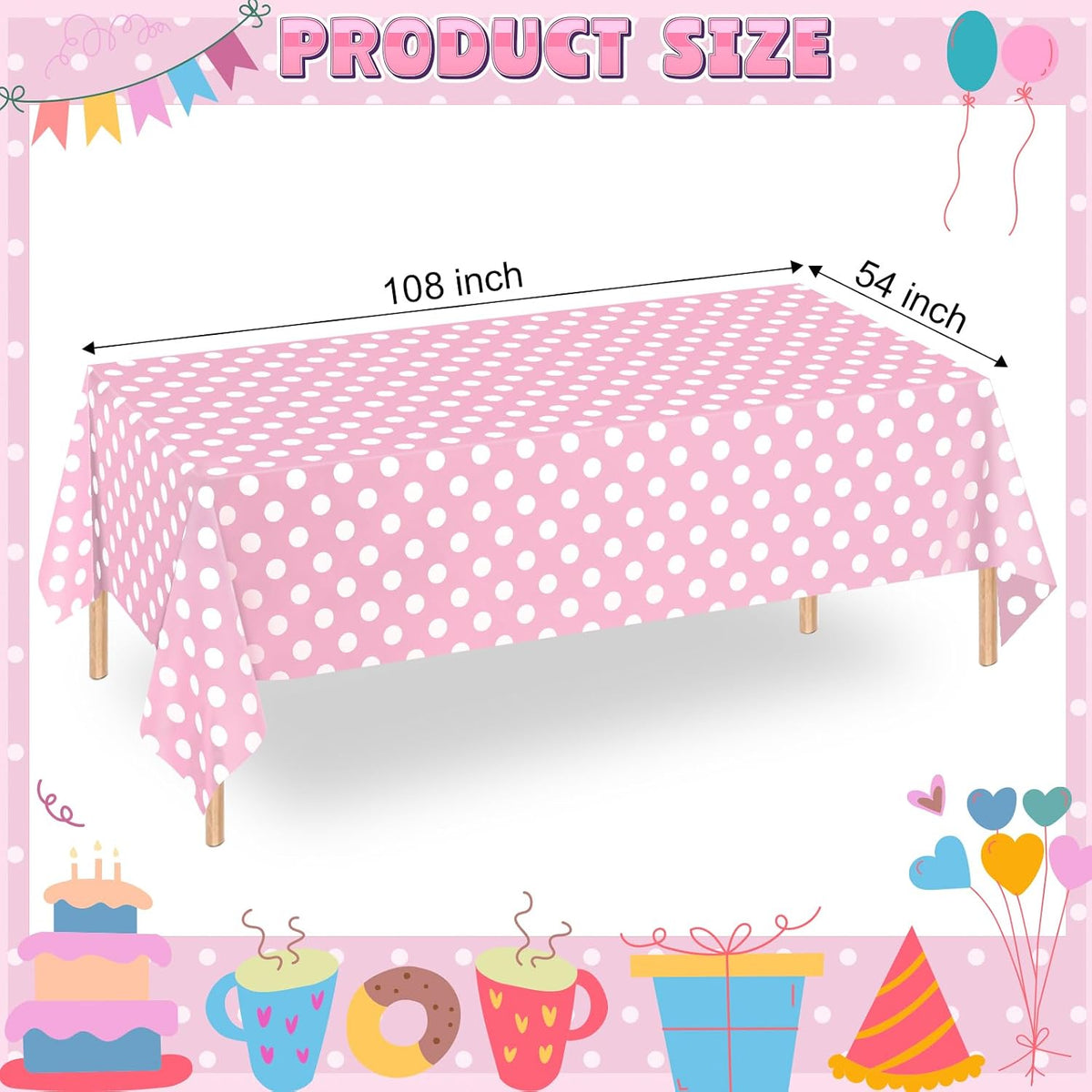 2 Pack Light Pink and White Polka Dot Tablecloths, Pink Disposable Plastic Table Cover for Birthday, Wedding, Bachelor, Pink Girl Party, and Picnic Camping Parties 54" x 108"