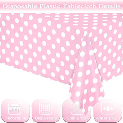 2 Pack Light Pink and White Polka Dot Tablecloths, Pink Disposable Plastic Table Cover for Birthday, Wedding, Bachelor, Pink Girl Party, and Picnic Camping Parties 54" x 108"