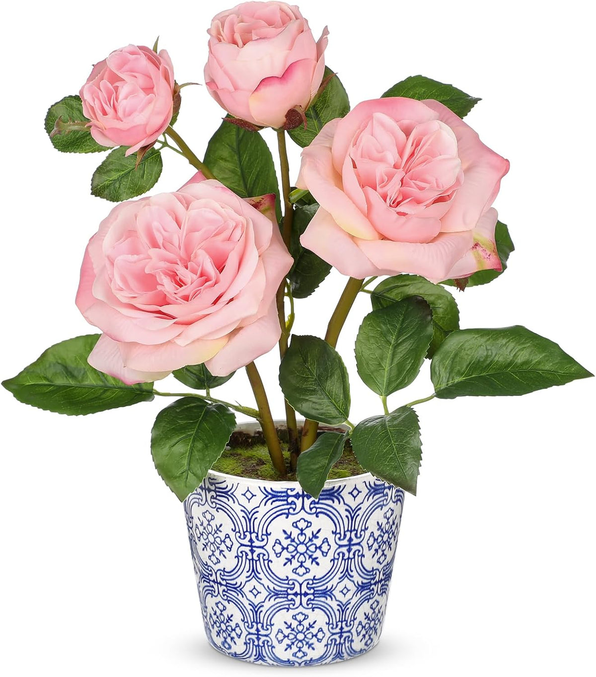 Pink Real Touch Roses Artificial Flowers in Vase Blue and White Porcelain Ceramic Pot 13.4" Fake Roses Flower Arrangement Artificial Plants & Flowers Potted Plant Faux Silk Rose Flower