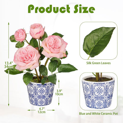 Pink Real Touch Roses Artificial Flowers in Vase Blue and White Porcelain Ceramic Pot 13.4" Fake Roses Flower Arrangement Artificial Plants & Flowers Potted Plant Faux Silk Rose Flower