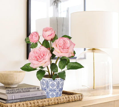 Pink Real Touch Roses Artificial Flowers in Vase Blue and White Porcelain Ceramic Pot 13.4" Fake Roses Flower Arrangement Artificial Plants & Flowers Potted Plant Faux Silk Rose Flower