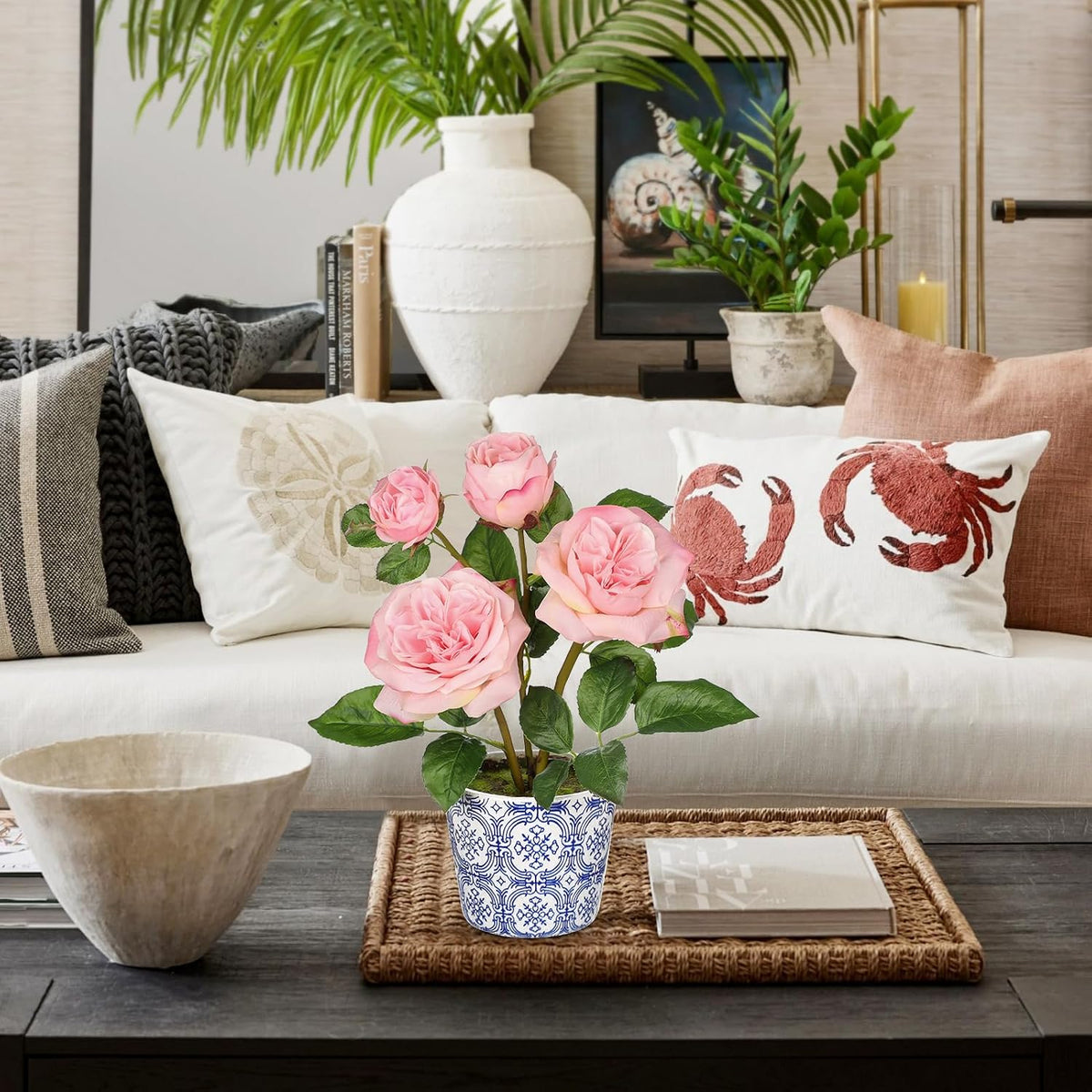 Pink Real Touch Roses Artificial Flowers in Vase Blue and White Porcelain Ceramic Pot 13.4" Fake Roses Flower Arrangement Artificial Plants & Flowers Potted Plant Faux Silk Rose Flower