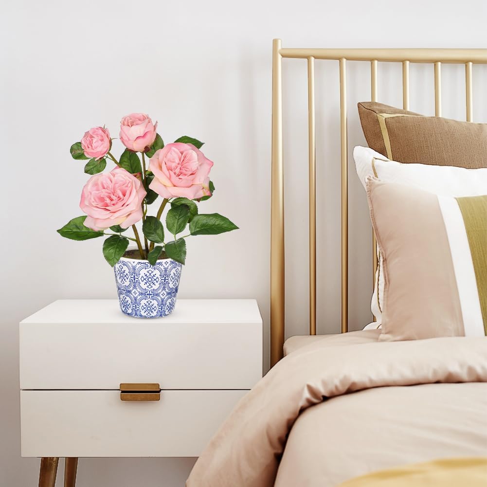 Pink Real Touch Roses Artificial Flowers in Vase Blue and White Porcelain Ceramic Pot 13.4" Fake Roses Flower Arrangement Artificial Plants & Flowers Potted Plant Faux Silk Rose Flower