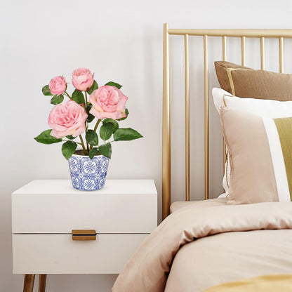 Pink Real Touch Roses Artificial Flowers in Vase Blue and White Porcelain Ceramic Pot 13.4" Fake Roses Flower Arrangement Artificial Plants & Flowers Potted Plant Faux Silk Rose Flower