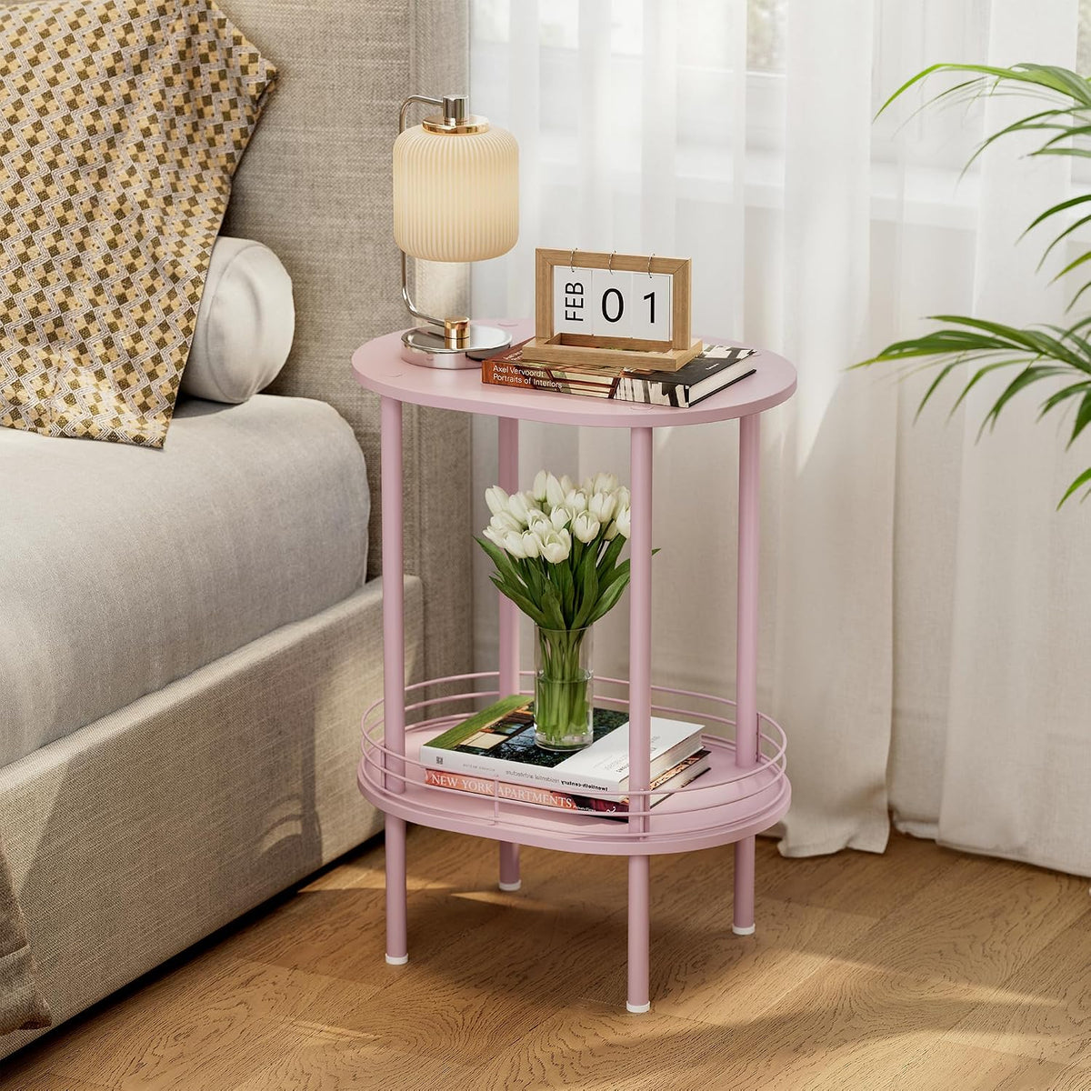 Small Oval Side Table with Storage, 2-Tier Pink End Table for Small Space