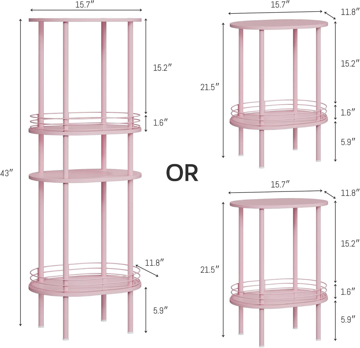 Small Oval Side Table with Storage, 2-Tier Pink End Table for Small Space