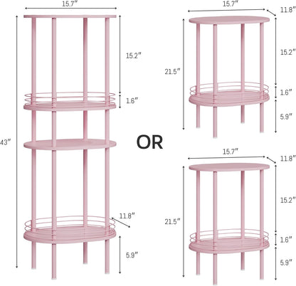 Small Oval Side Table with Storage, 2-Tier Pink End Table for Small Space