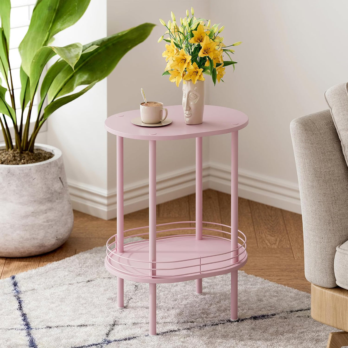 Small Oval Side Table with Storage, 2-Tier Pink End Table for Small Space