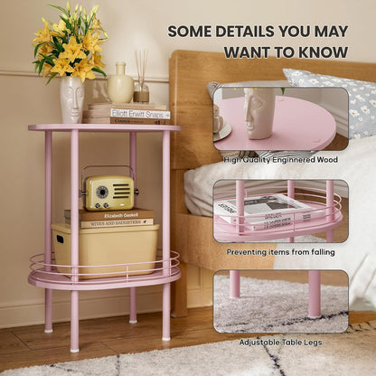 Small Oval Side Table with Storage, 2-Tier Pink End Table for Small Space