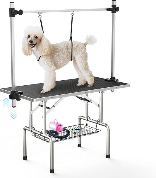 Lyromix 36''Large Stainless Steel Dog Grooming Table, Adjustable Cat Drying Desktop with Arms, Nooses, Mesh Tray, Foldable Pet Station at Home, Maximum Capacity Up to 330Lb, 36inch, Black