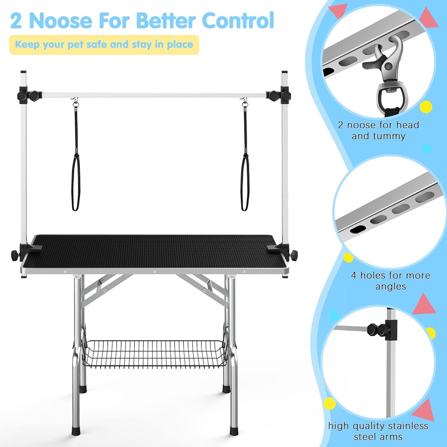 Lyromix 36''Large Stainless Steel Dog Grooming Table, Adjustable Cat Drying Desktop with Arms, Nooses, Mesh Tray, Foldable Pet Station at Home, Maximum Capacity Up to 330Lb, 36inch, Black